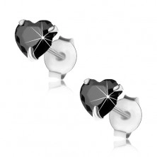 Cercei din argint 925, șuruburi, zirconiu negru șlefuit - inimă, 5 mm