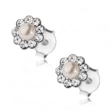 Cercei, argint 925, șuruburi, floare - cristale Preciosa și perlă mică albă