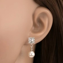 Cercei cu șurub, argint 925, cristale Preciosa transparente, perlă