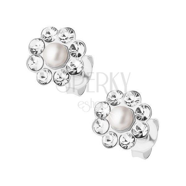 Cercei din argint 925, floare cu perlă și cristale Preciosa transparente