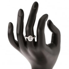 Inel din argint 925, brațe lucioase, zirconiu rotund transparent, margine ovală strălucitoare