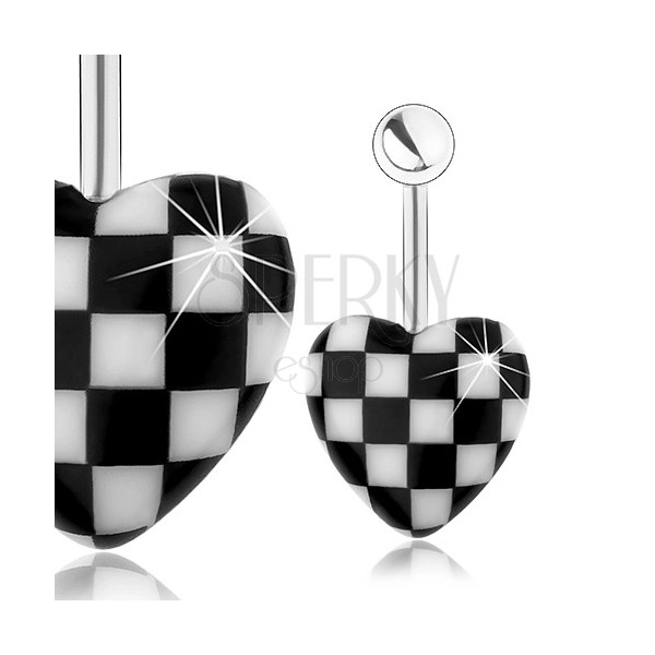 Piercing de buric din oțel, inimă convexă din acrilic, model tablă de șah