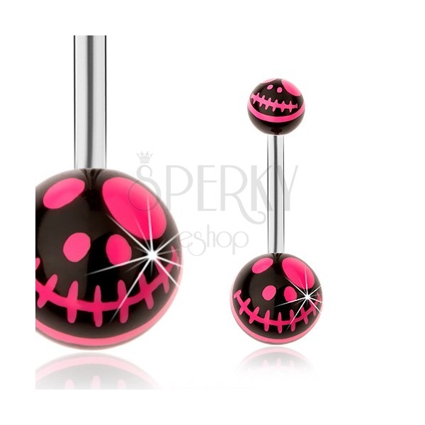 Piercing de buric, oțel 316L, negru cu roz neon, craniu din desene