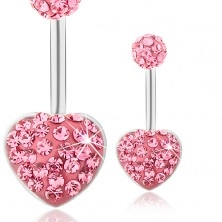 Piercing de buric din oțel, bilă și inimă, cristale roz închis strălucitoare