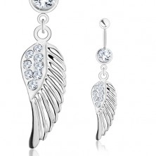 Piercing de buric - 316L, aripă de înger cu zirconii transparente, culoare argintie