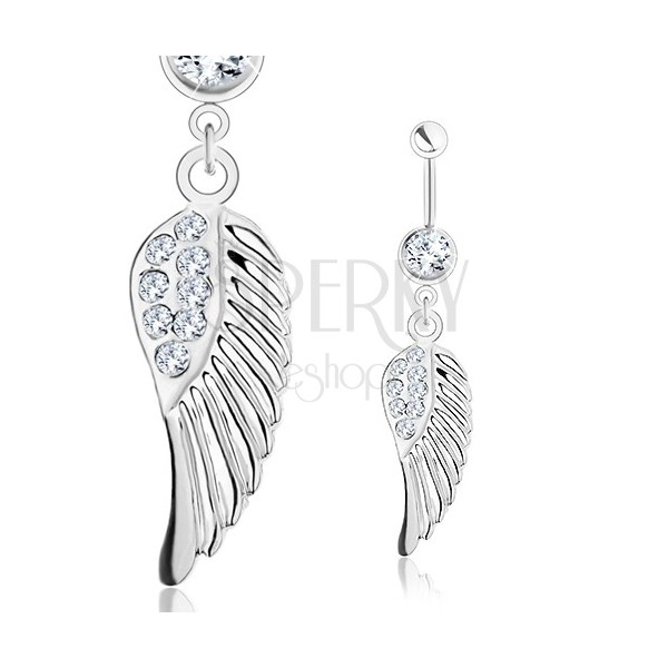Piercing de buric - 316L, aripă de înger cu zirconii transparente, culoare argintie