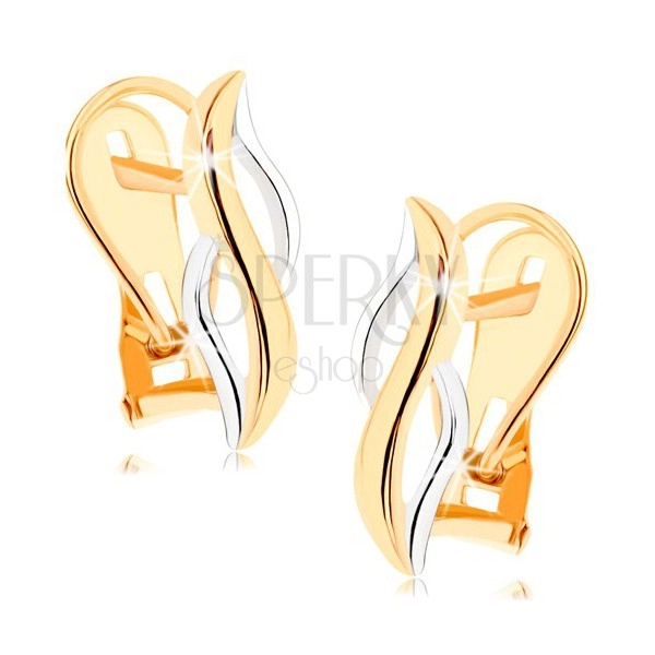 Cercei din aur 375 - valuri verticale lucioase realizate din aur galben şi aur alb