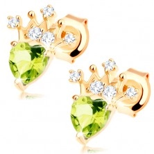Cercei din aur 585 - olivină verde sub formă de inimă, coroană strălucitoare