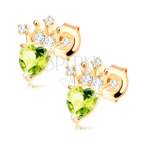 Cercei din aur 585 - olivină verde sub formă de inimă, coroană strălucitoare