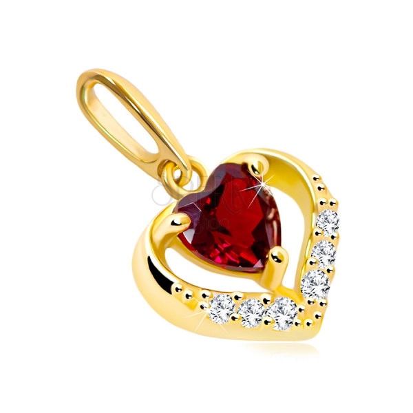 Pandantiv din aur 585 - contur inimă cu zirconii, rubin roșu sub formă de inimă