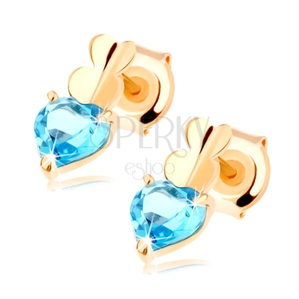 Cercei din aur 585 - două inimioare cu o inimă albastră din topaz