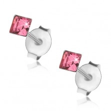 Cercei cu șurub, argint 925, cristal sub formă de pătrat roz, 3 mm