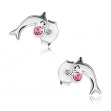 Cercei din argint 925, delfin lucios, săltăreţ cu cristal Swarovski roz