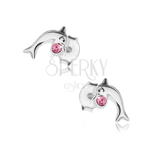 Cercei din argint 925, delfin lucios, săltăreţ cu cristal Swarovski roz
