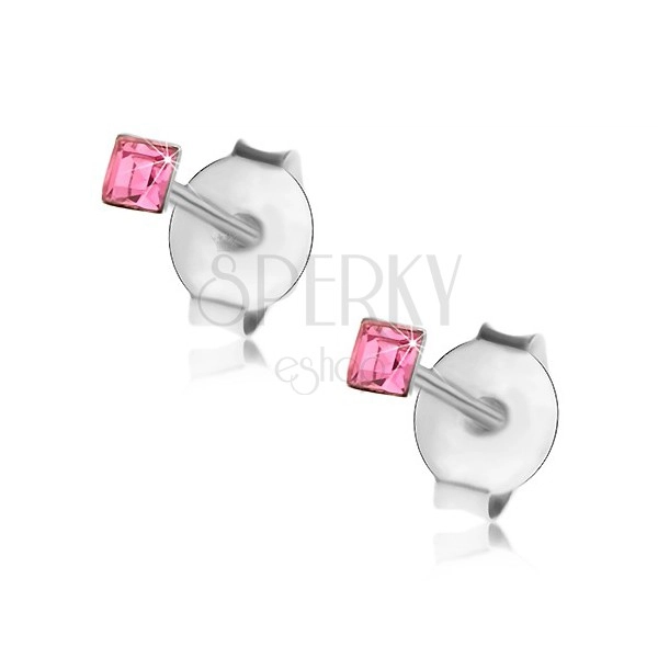 Cercei din argint 925, cristal Swarovski de culoare roz - pătrat, 2 mm