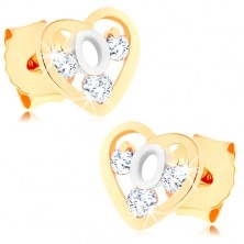 Cercei din aur 375 în două culori - contur inimă, cerc din aur alb, zirconii
