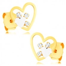 Cercei din aur 375, contur inimă cu o inimă mai mică și zirconii transparente