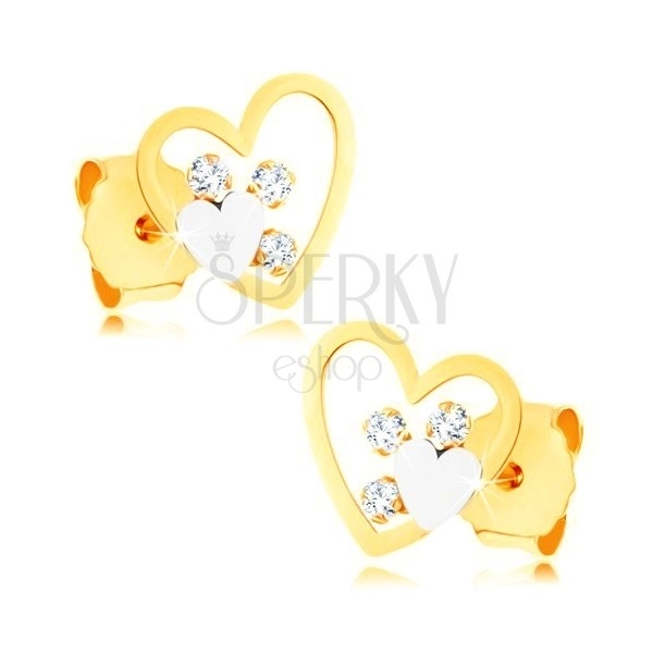 Cercei din aur 375, contur inimă cu o inimă mai mică și zirconii transparente
