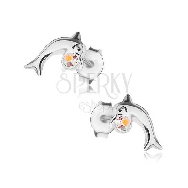Cercei din argint 925, delfin micuț cu un zirconiu rotund în culorile curcubeului