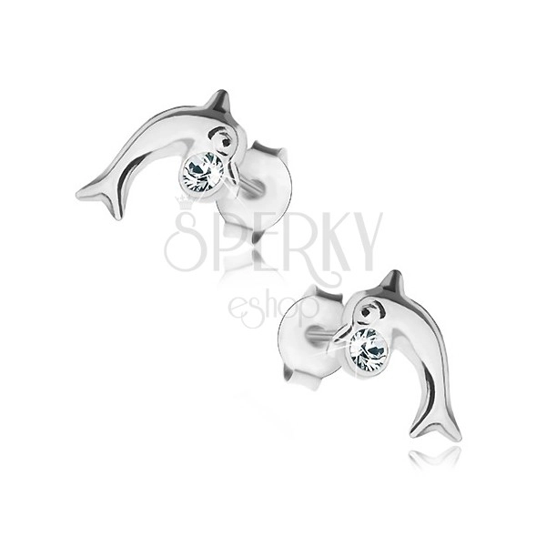 Cercei din argint 925, delfin lucios, zirconiu rotund transparent