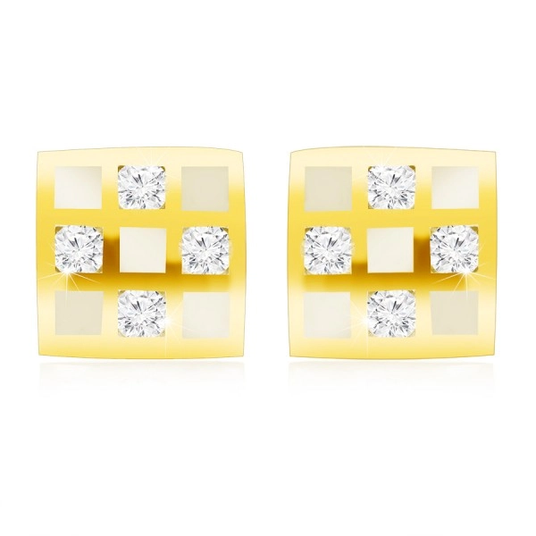 Cercei din aur 375 - pătrat cu tablă de șah, zirconii transparente, smalț alb