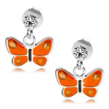 Cercei cu şurub, argint 925, cristal transparent, fluture cu aripi portocalii