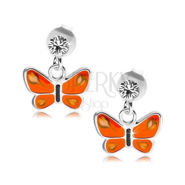 Cercei cu şurub, argint 925, cristal transparent, fluture cu aripi portocalii