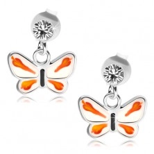 Cercei din argint 925, cristal transparent, fluture cu aripi albe, detalii portocalii