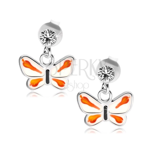 Cercei din argint 925, cristal transparent, fluture cu aripi albe, detalii portocalii