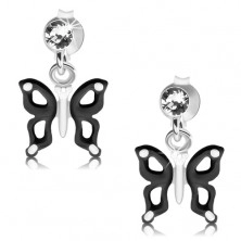 Cercei din argint 925, fluture negru şi alb cu decupaje pe aripi, cristal