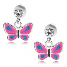 Cercei din argint 925, cristal transparent, fluture cu aripi roz, detalii albastre