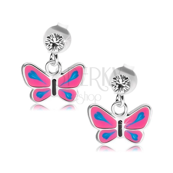Cercei din argint 925, cristal transparent, fluture cu aripi roz, detalii albastre