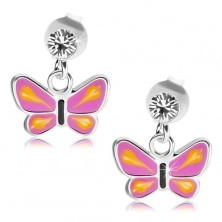 Cercei din argint 925, fluture cu aripi violet, lacrimi galbene, cristal transparent