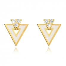 Cercei din aur 375 -  triunghi alb cu decupaj, trei zirconii transparente