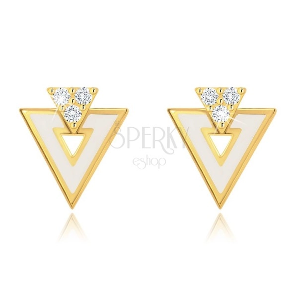 Cercei din aur 375 -  triunghi alb cu decupaj, trei zirconii transparente