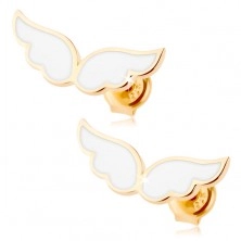 Cercei din aur 375 - aripi de înger împodobiți cu email alb, tije cu șurub