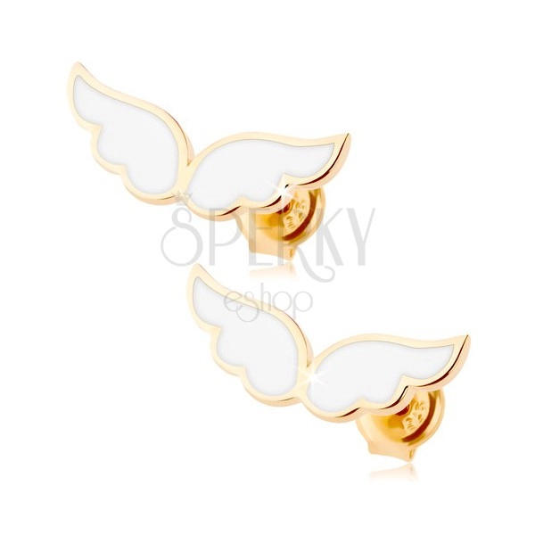 Cercei din aur 375 - aripi de înger împodobiți cu email alb, tije cu șurub