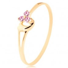 Inel din aur galben 14K - trei zirconii roz, inimă asimetrică convexă