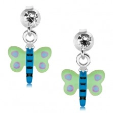 Cercei din 925 fluture argintiu, verde și albastru cu puncte violet, cristal
