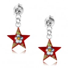 Cercei din argint 925, stea roșie cu floare colorată, cristal