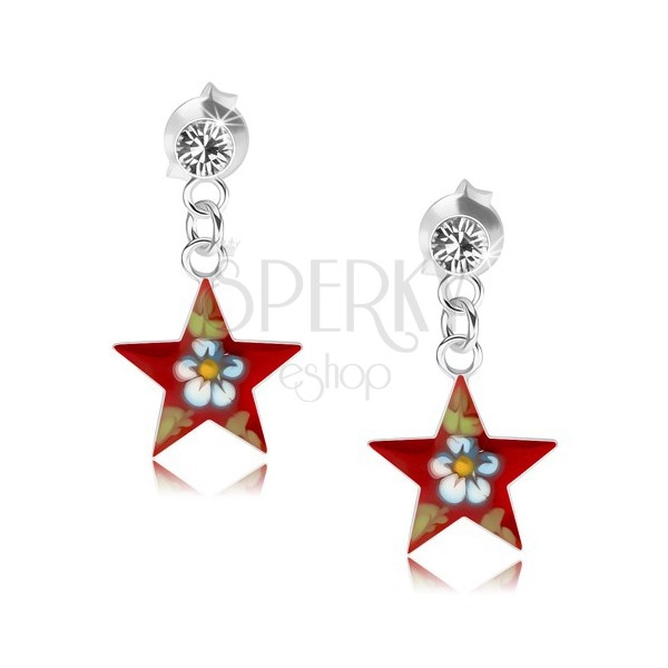 Cercei din argint 925, stea roșie cu floare colorată, cristal