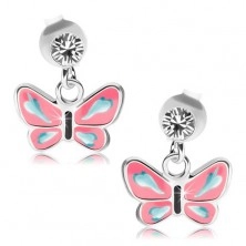 Cercei din argint 925, cristal transparent Swarovski, fluture cu aripi roz