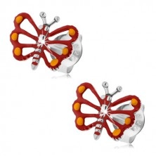 Cercei din argint 925, fluture roşu cu aripi crestate, patină