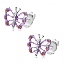 Cercei din argint 925, fluture violet şi portocaliu cu aripi crestate