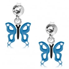 Cercei din argint 925, fluture albastru şi alb cu decupaje pe aripi, cristal