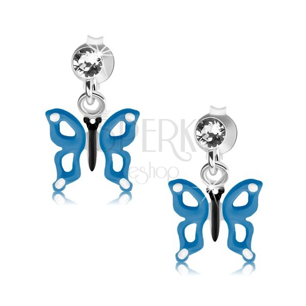 Cercei din argint 925, fluture albastru şi alb cu decupaje pe aripi, cristal