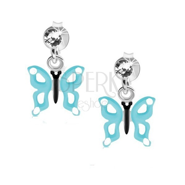Cercei din argint 925, cristal transparent, fluture cu aripi albastru deschis, decupaje