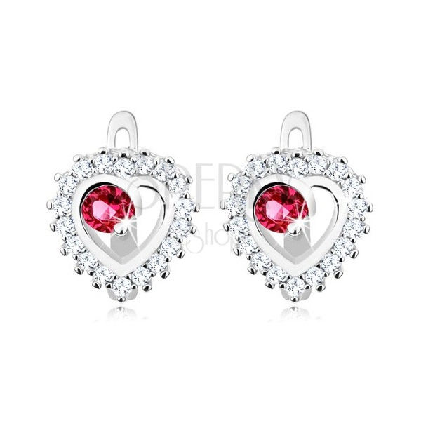 Cercei din argint 925, contur transparent de inimă, zirconiu rotund roz închis