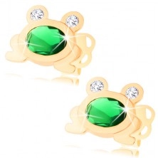 Cercei din aur 585 - broscuţă strălucitoare cu oval verde şi ochi transparenţi