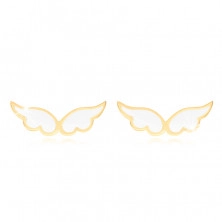 Cercei din aur 585 - aripi de înger împodobiți cu email alb, tije cu șurub